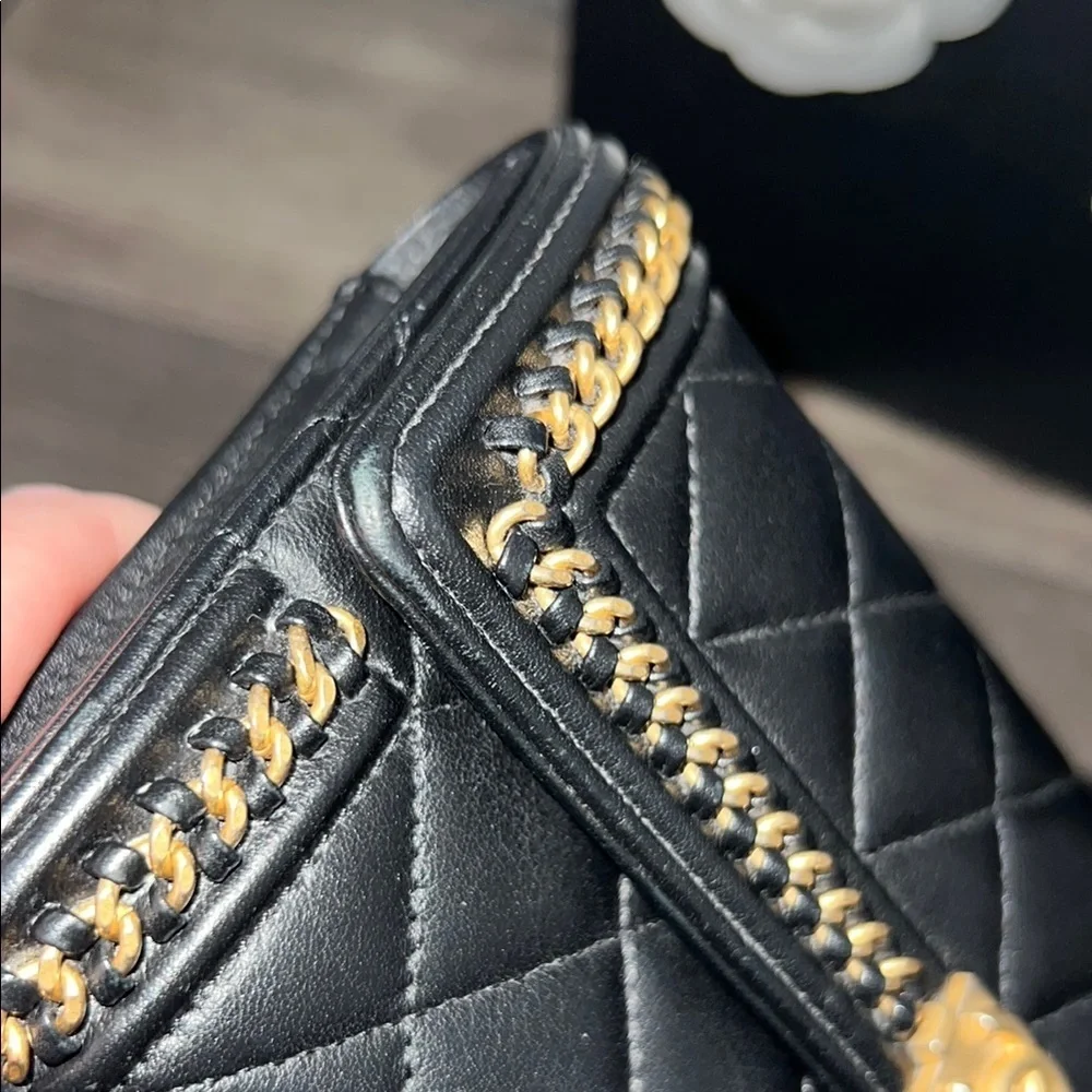 RARE!! Chanel Black and Gold Quilted distressed chain flap wallet